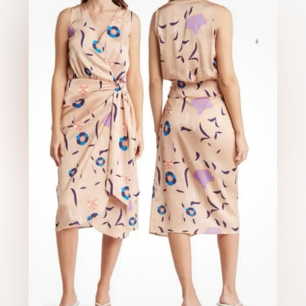 Bonheur D'Amour dress tan floral sleeveless wrap midi size Medium